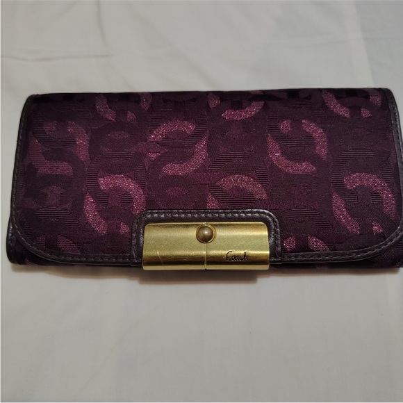 Coach Kristen Purple Glitter Shimmer Card Organizer Fold Over Flap Wallet Clutch - Picture 2 of 8
